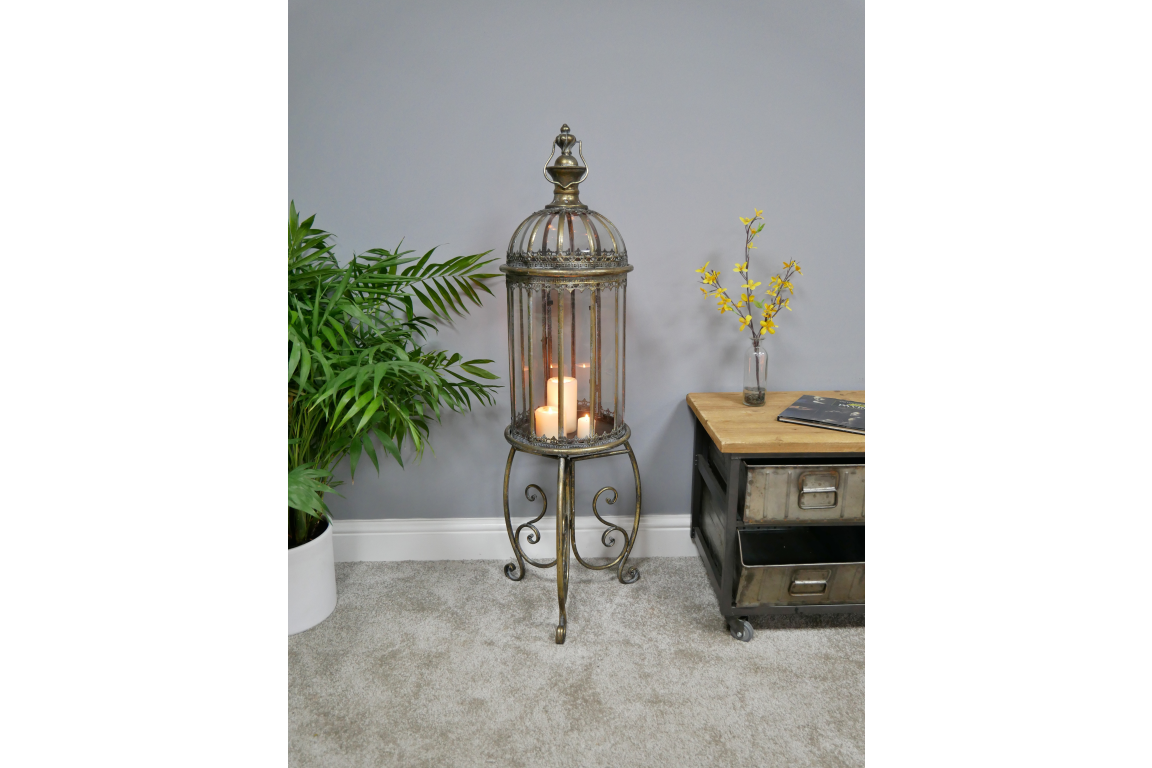 Tall Lantern On Stand – Ornate Metal Candle Holder