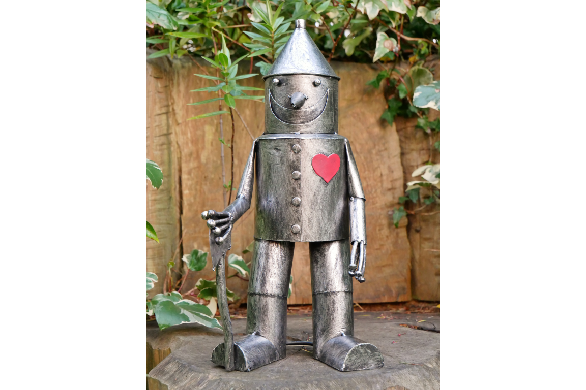 Small Tin Man Statue – Silver Metal Garden Figure