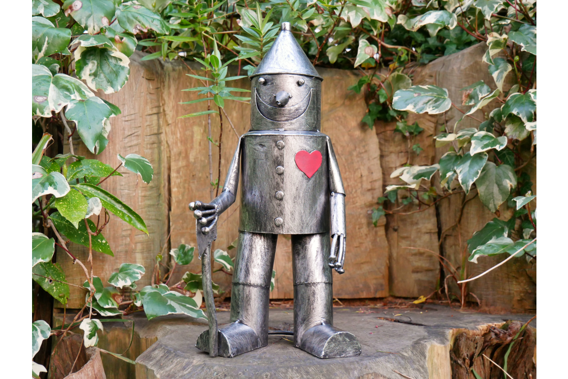 Small Tin Man Statue – Silver Metal Garden Figure