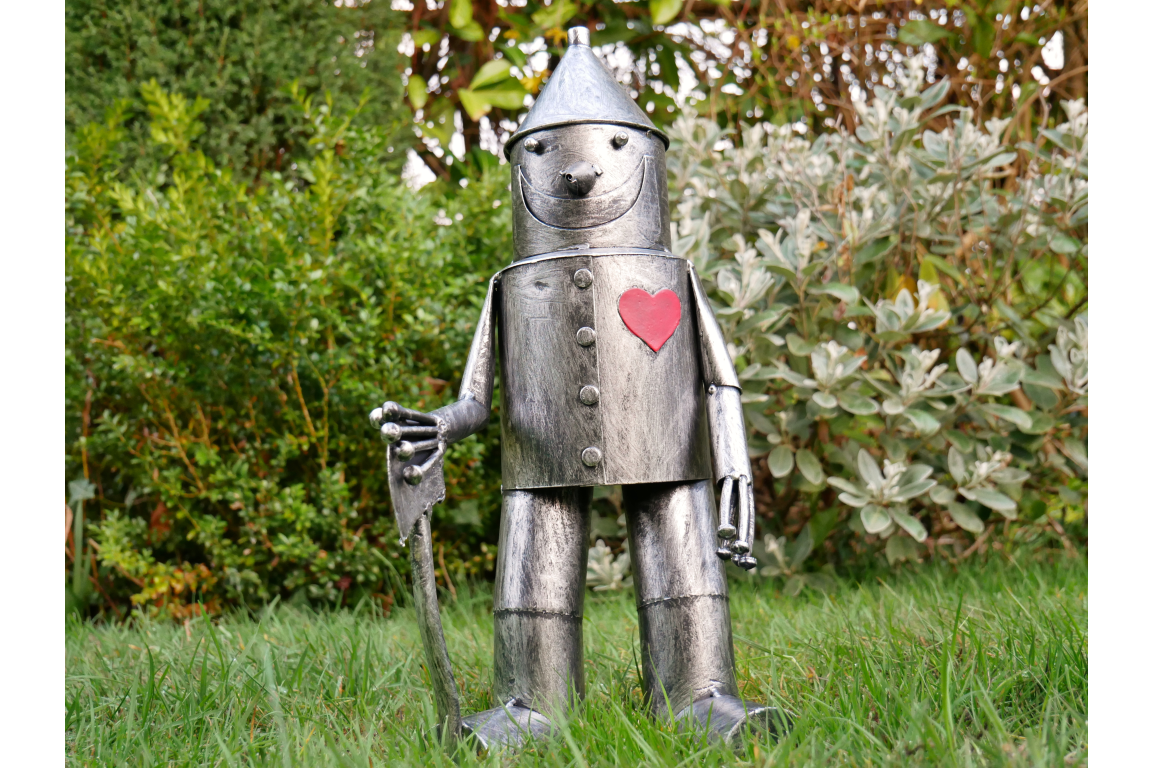 Small Tin Man Statue – Silver Metal Garden Figure