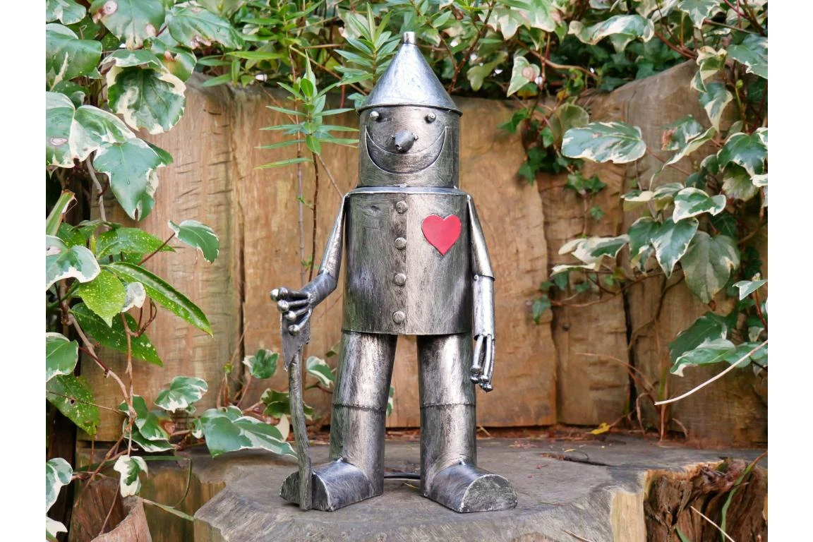 Small Tin Man Statue – Silver Metal Garden Figure 
