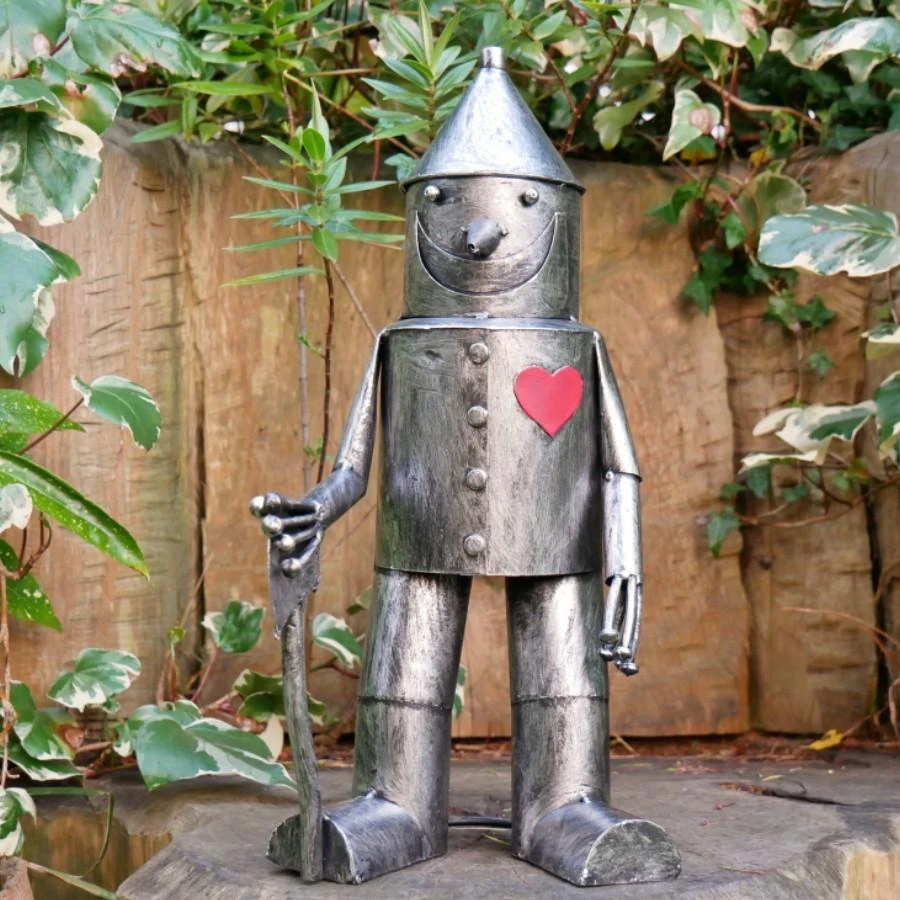 Small Tin Man Statue – Silver Metal Garden Figure 