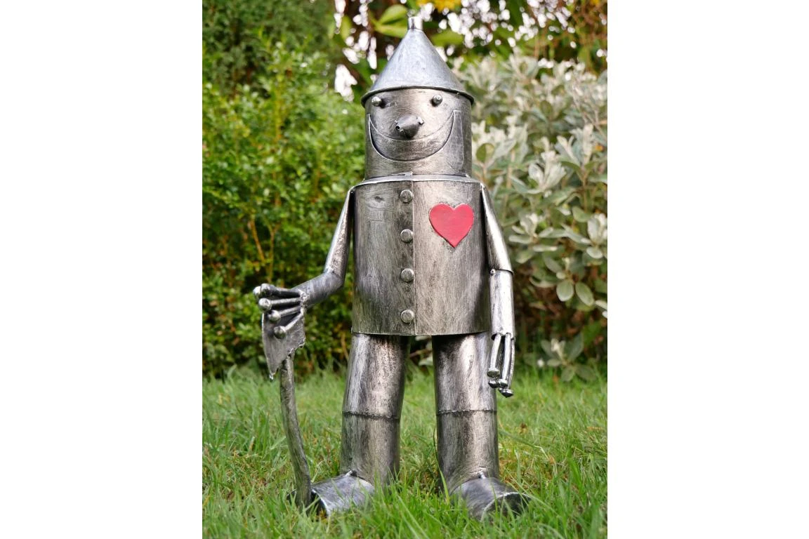 Small Tin Man Statue – Silver Metal Garden Figure 