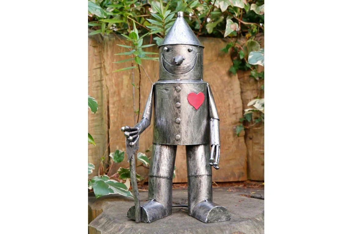 Small Tin Man Statue – Silver Metal Garden Figure 
