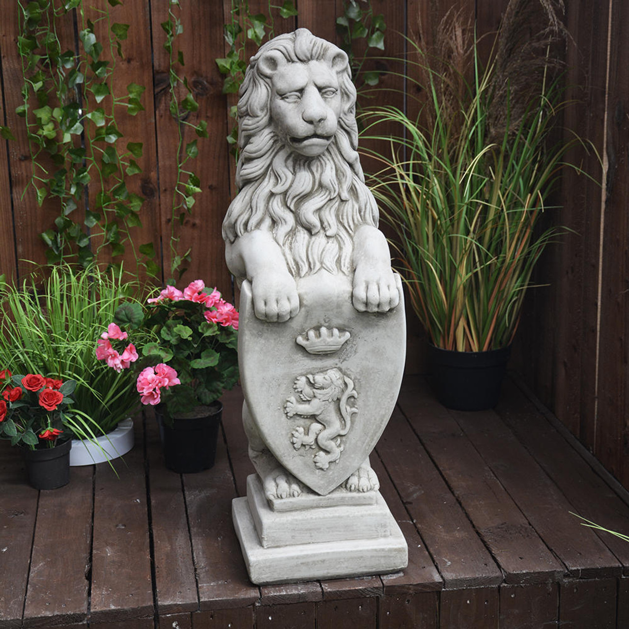 Pair of Large Garden Gateway Lion Statues with shields