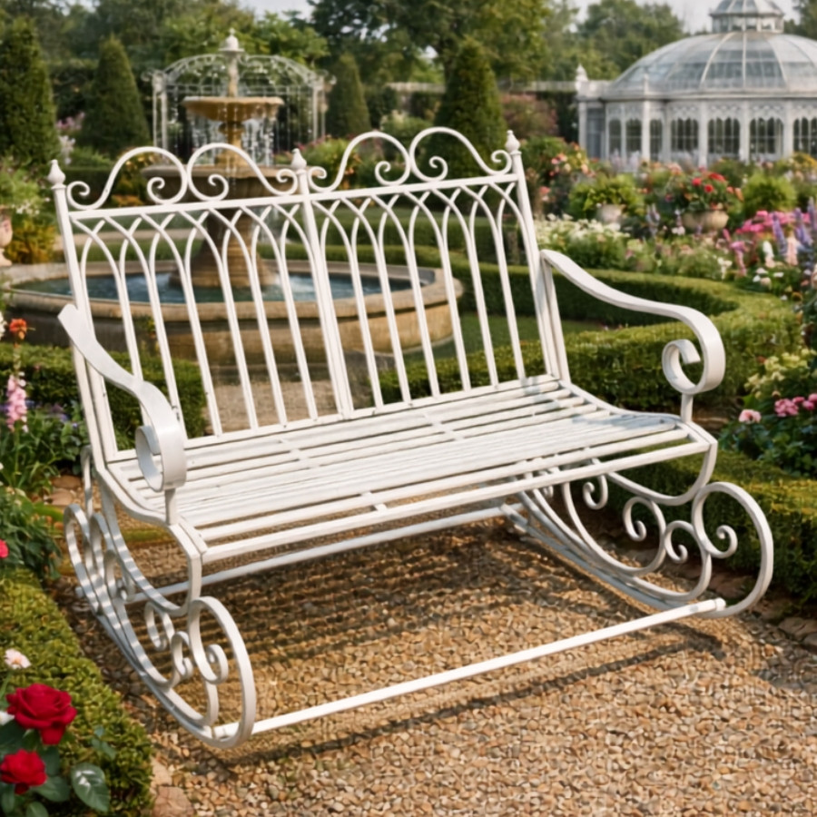 Antique Cream Metal Rocking Bench – Decorative Garden Furniture