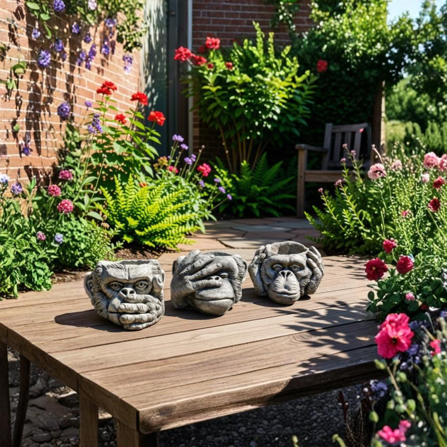 Stone Cast Gorilla Head "Speak No Evil" Planter - Three Wise Monkeys Garden Plant Pot 
