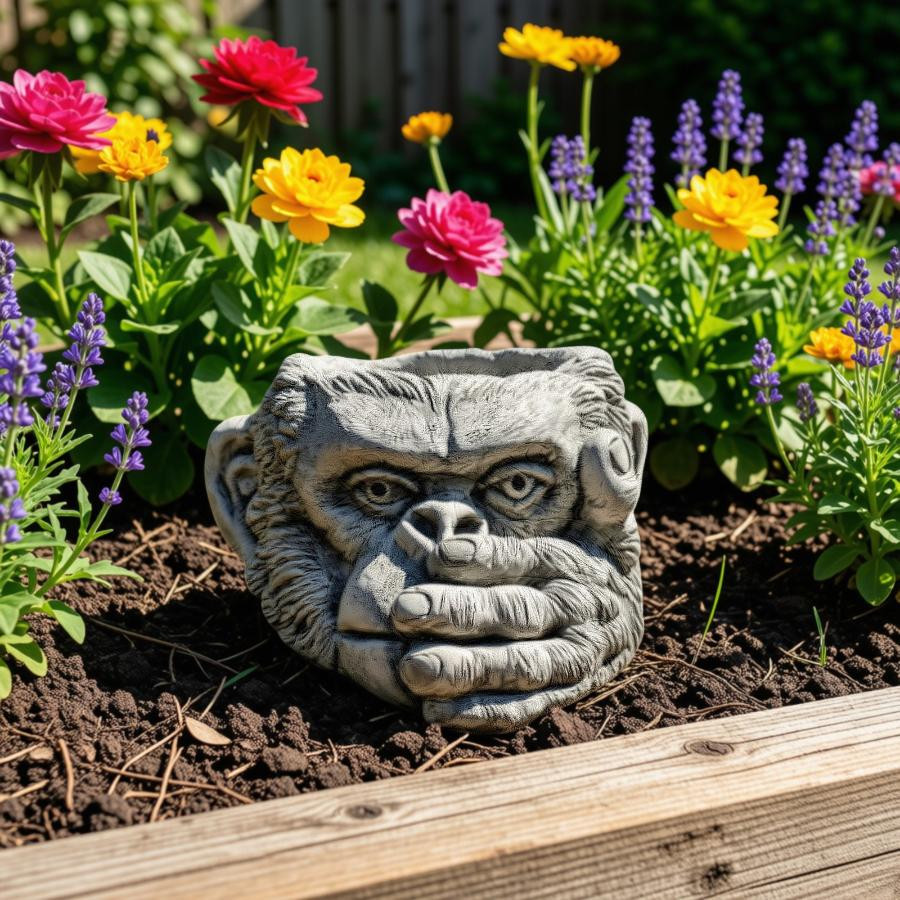 Stone Cast Gorilla Head "Speak No Evil" Planter - Three Wise Monkeys Garden Plant Pot 