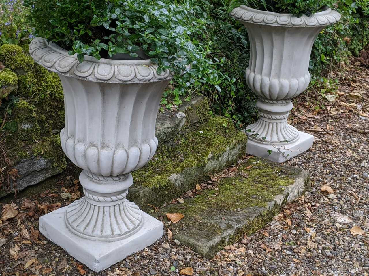 Pair of Large Flute Stone Garden Vases