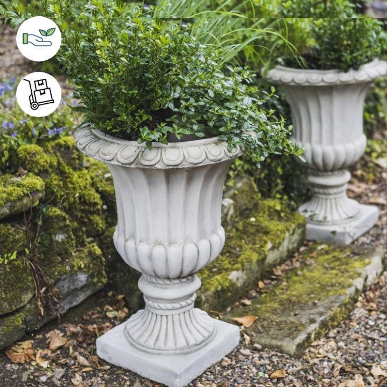 Pair of Large Fluted Stone Garden Vases 