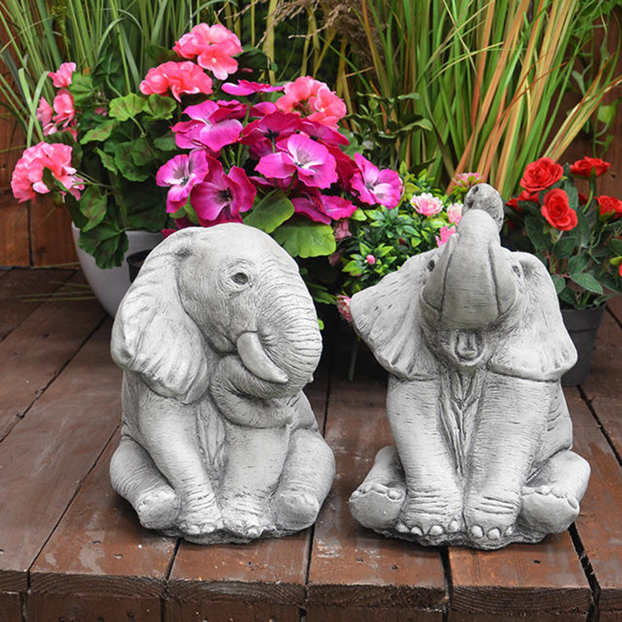 Pair of Small Playful Elephant Stone Ornaments