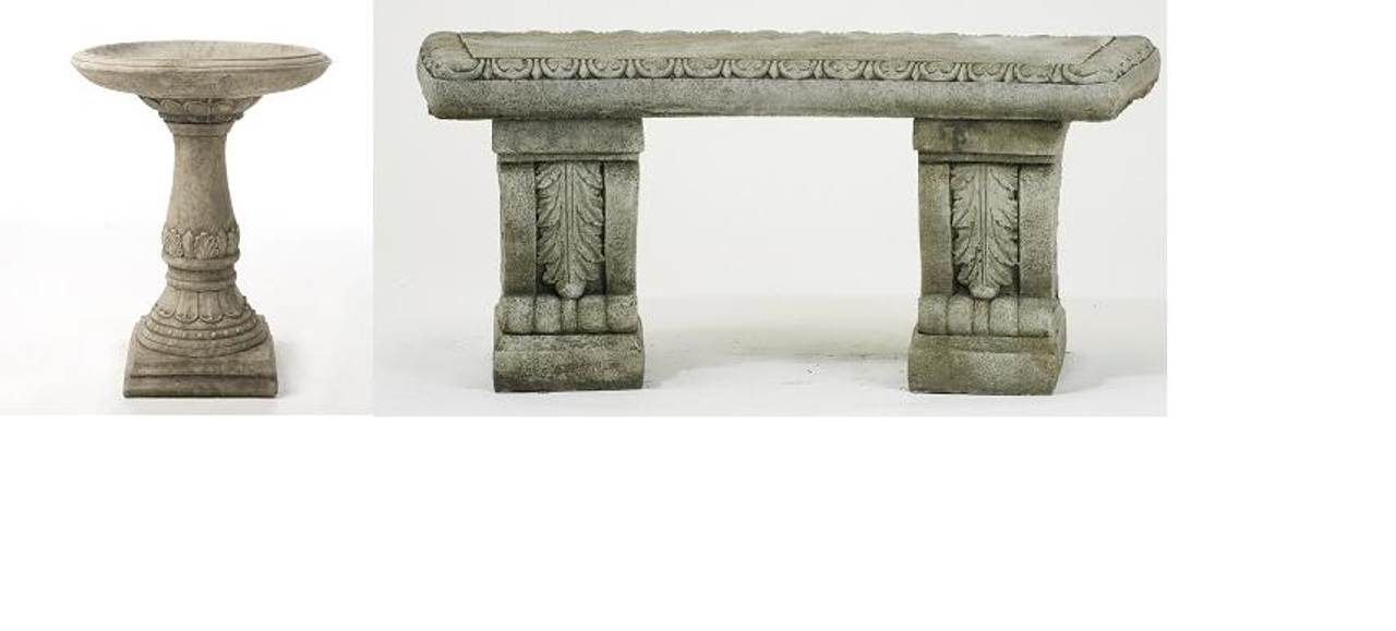 Stone Cast Garden Bench and LaLa Design Birdbath