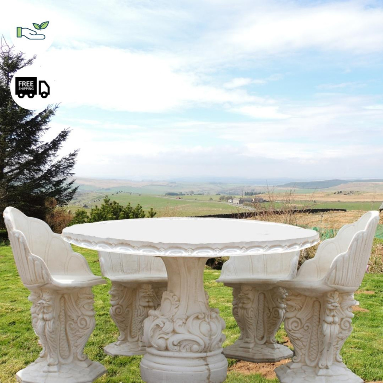 White Stone Garden Table and Stone Garden Chairs - Set