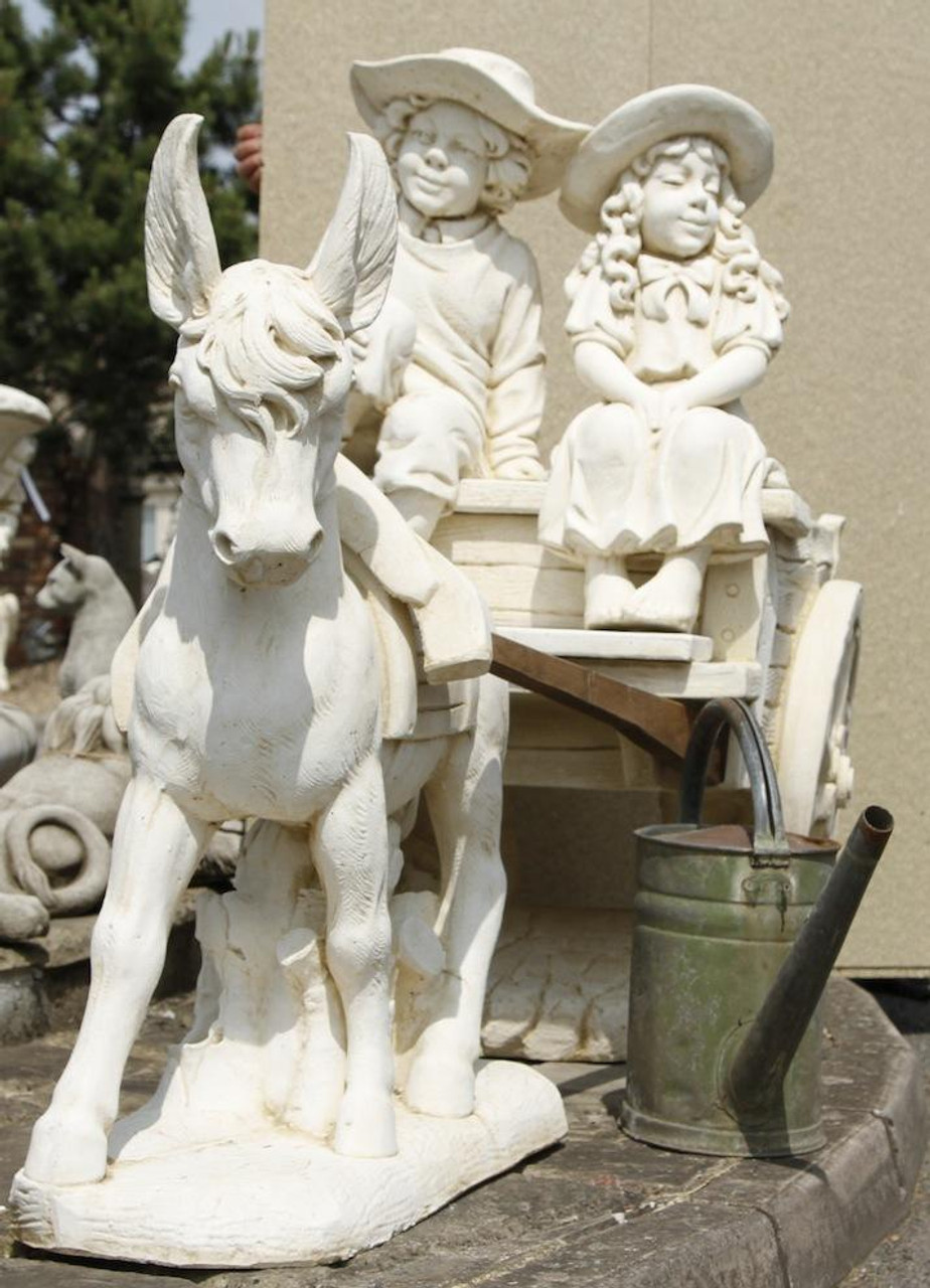 White Stone Ornament of Cart drawn by Donkey with Children on