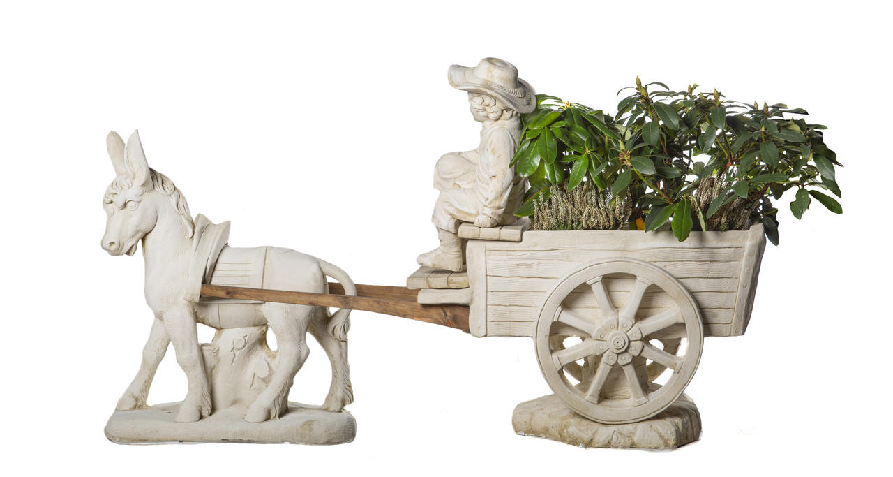 White Stone Ornament of Cart drawn by Donkey with Children on