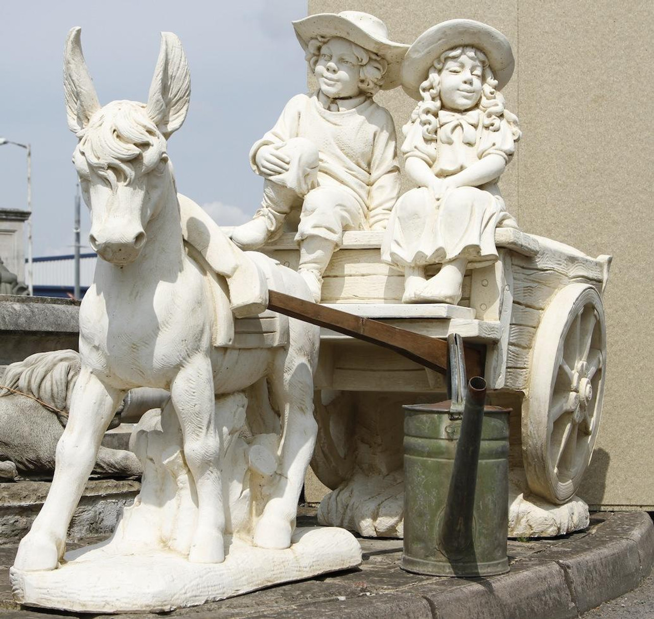 White Stone Ornament of Cart drawn by Donkey with Children on