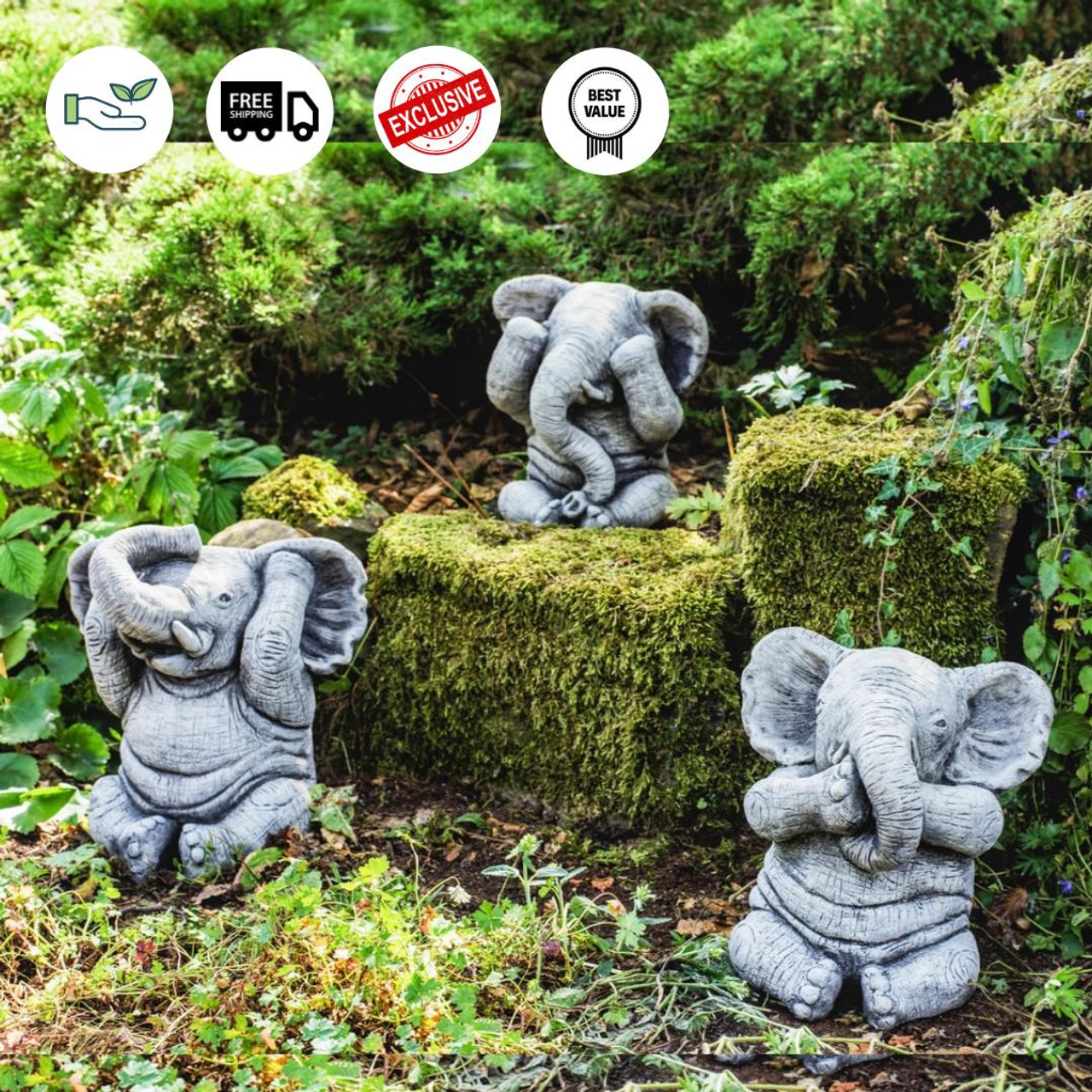 3 Wise Stone Elephants Garden Ornaments
