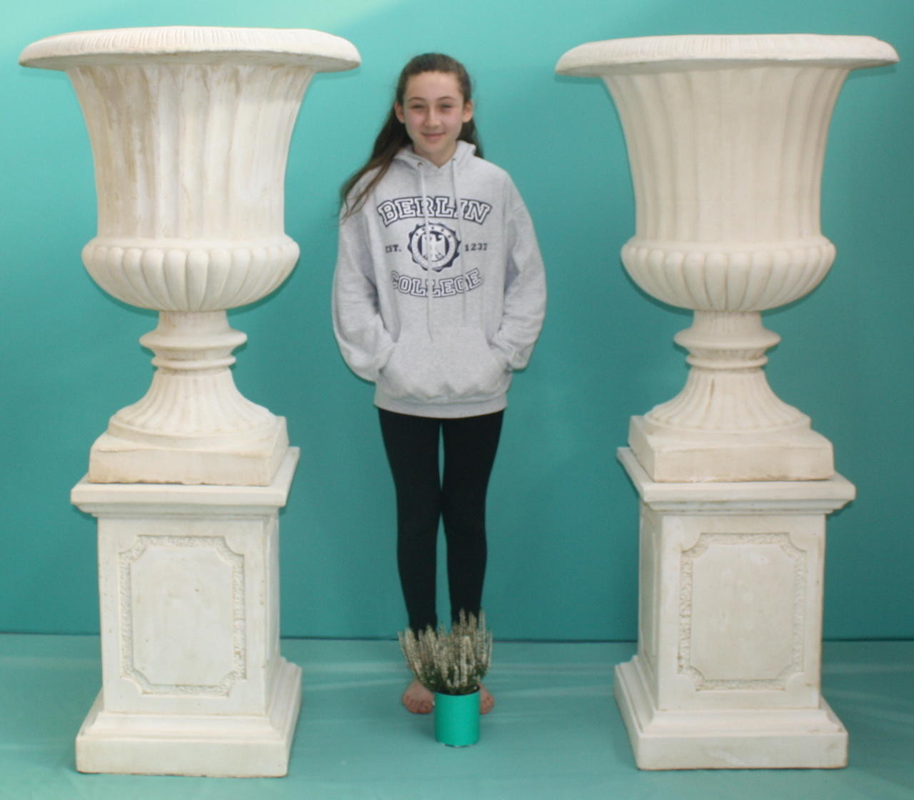 Pair of Giant Flute White Stone Garden Vases on Plinths