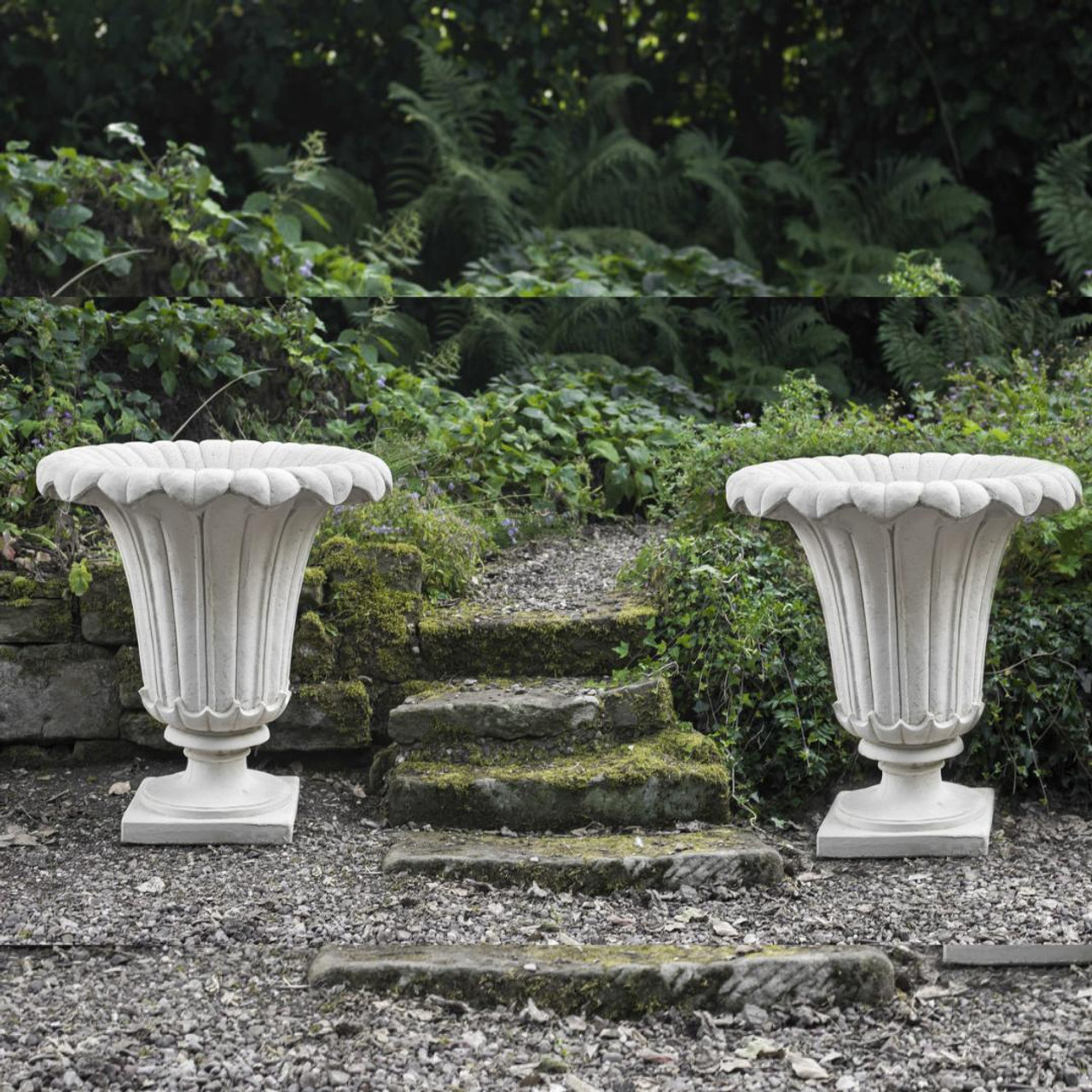 PAIR of GIANT Classic Ancient Greek Style Fluted Vases in White Stone Cast Pots