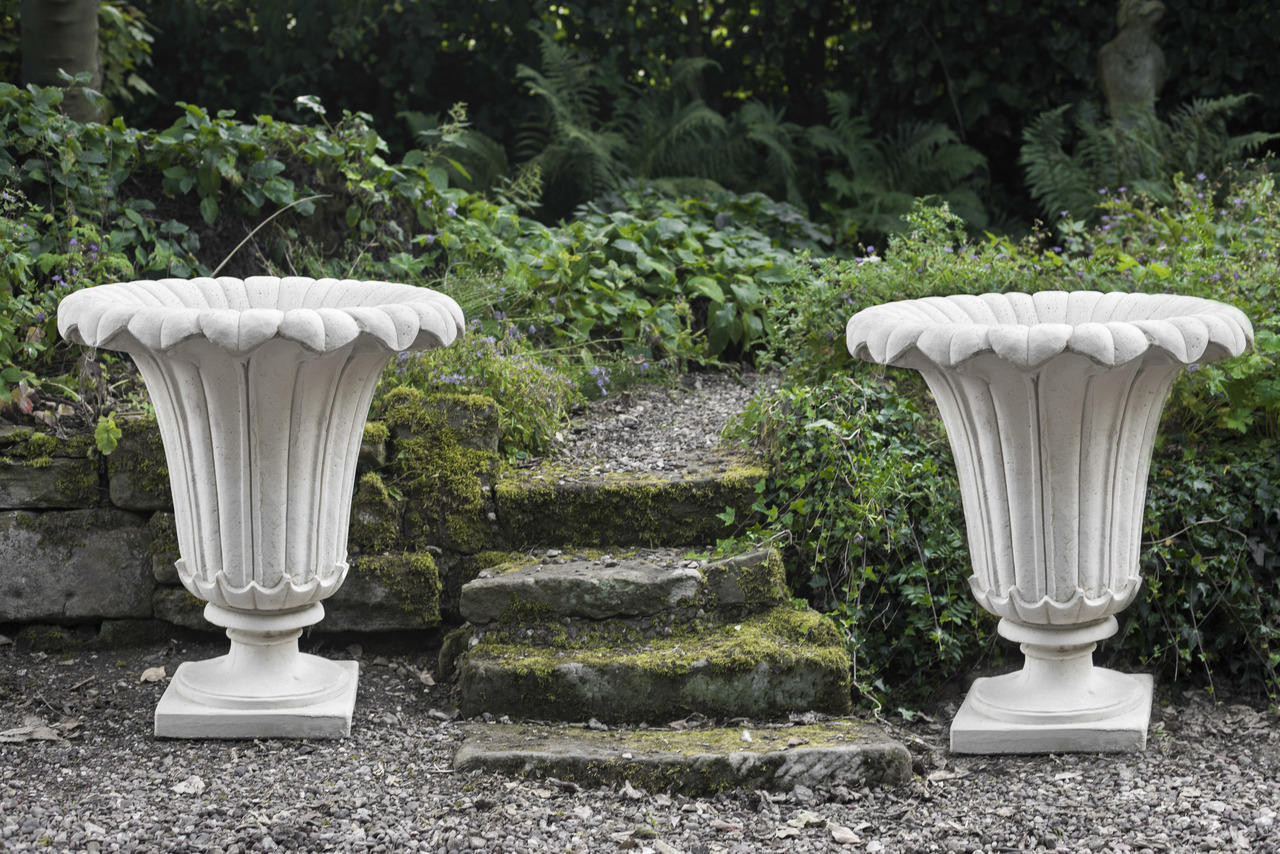 PAIR of GIANT Classic Ancient Greek Style Fluted Vases in White Stone Cast Pots