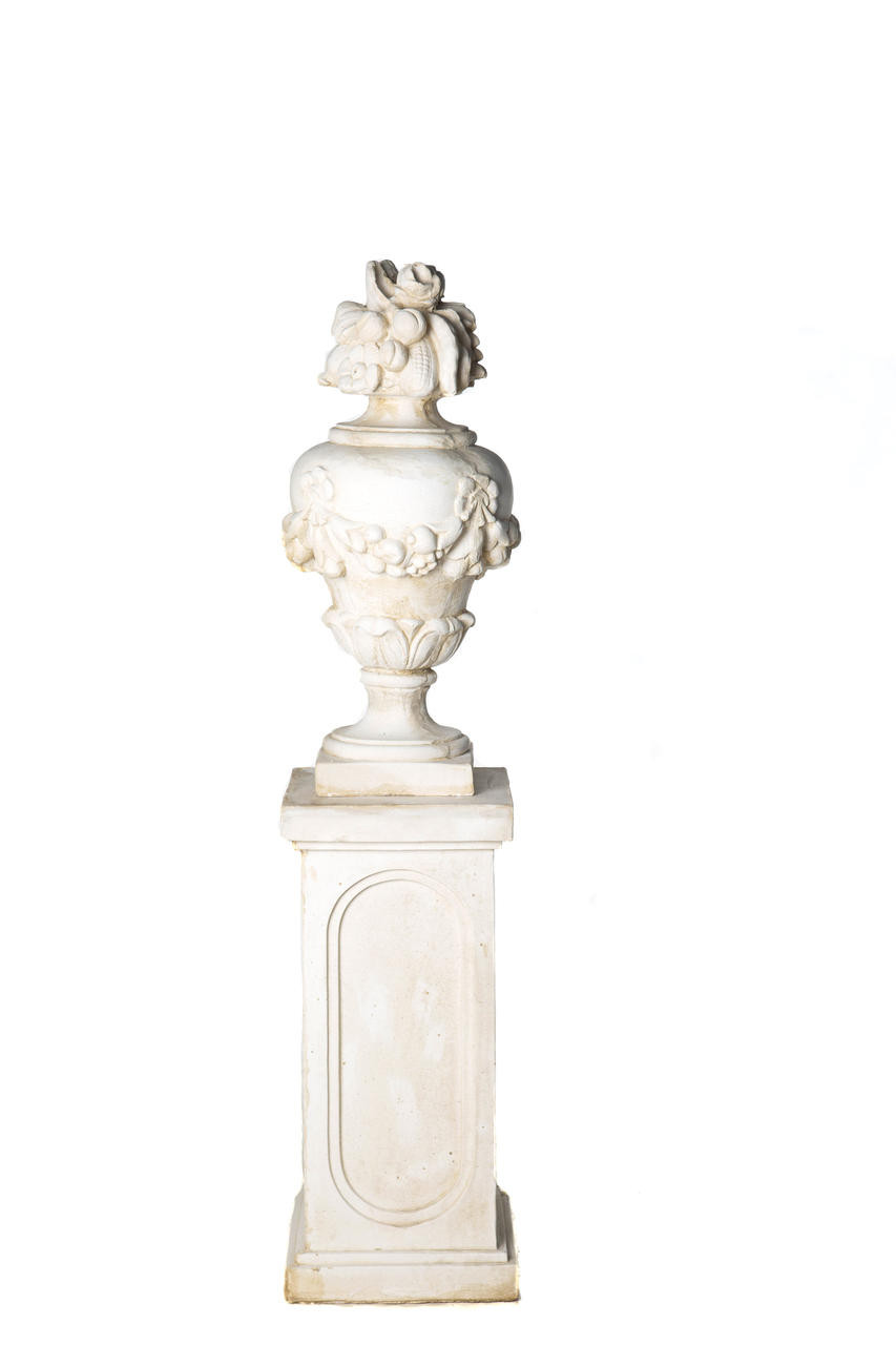 Very Large White Stone Cast Fruit Design Urn And Plinth Set