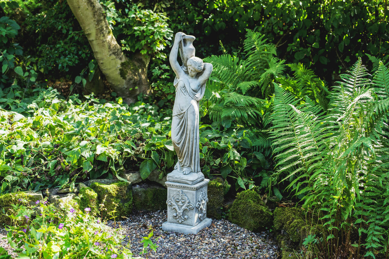Classic Stone Cast Girl statue with an Urn and Decorative Square Plinth