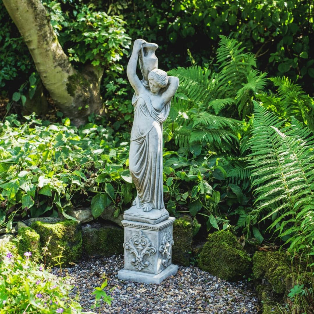 Classic Stone Cast Girl statue with an Urn and Decorative Square Plinth