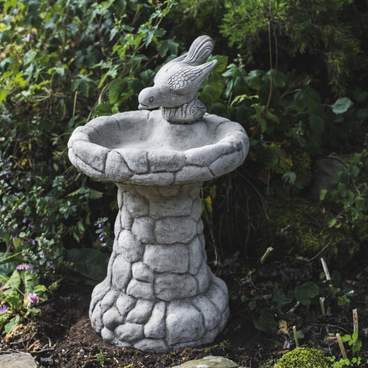 Enchanting Stone Cast Pebble Design Birdbath with Bird