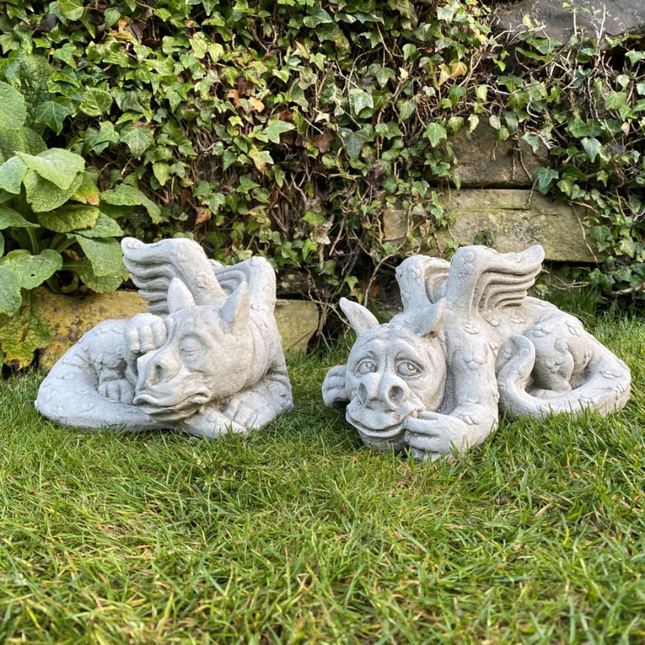 Pair of Small Laying Dragons Sculptures