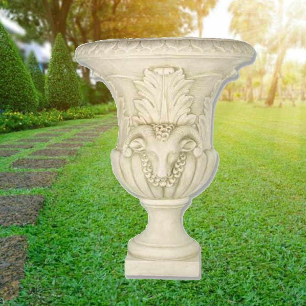 Large Stone cast Fluted urn with Sheep head