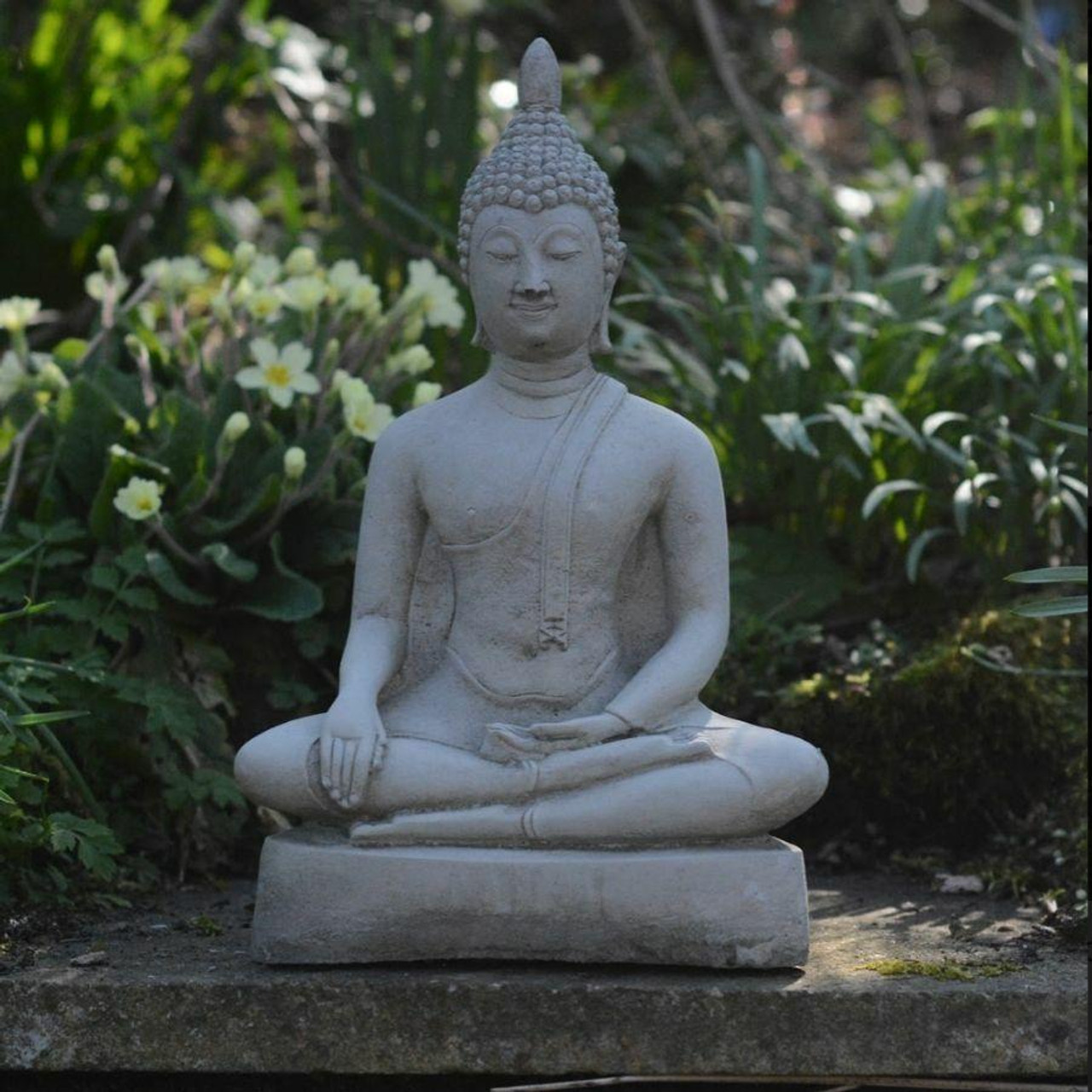 Medium Stone Cast Buddha Statue with Traditional Hat