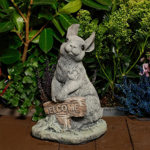 Welcome Bunny Stone Cast Statue Garden Ornament | Cute Rabbit Statue 