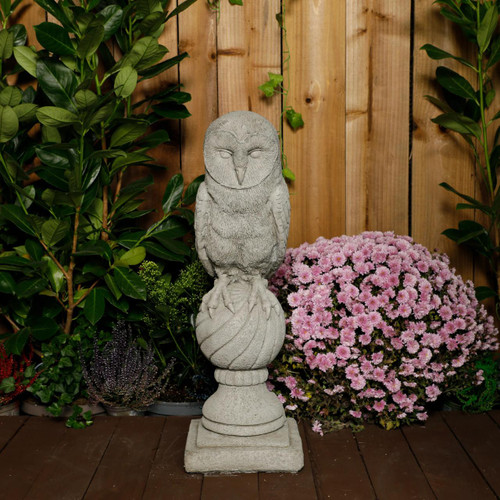 Stone Cast Owl on Post Garden Bird Statues  Stone Cast Owl on Post Garden Bird Statues