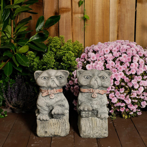 Cranky Cats Pair – Stone Cast Garden Cat Statues Set 