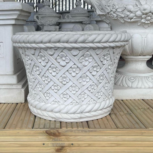 Large Round White Stone Cast Wicker/Flower Design Planter Pot  Large Round White Stone Cast Wicker/Flower Design Planter Pot