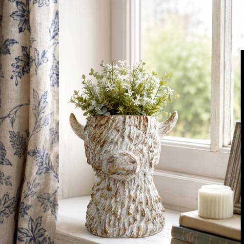 Cow Head Planter – Rustic Highland Cow Resin Plant Pot