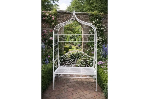 Milk White Garden Bench – Ornate Metal Outdoor Seating 