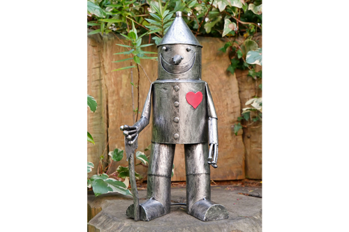 Small Tin Man Statue – Silver Metal Garden Figure
