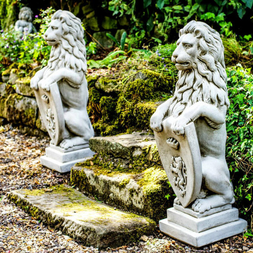 Pair of Large Garden Gateway Lion Statues with shields Pair of Large Garden Gateway Lion Statues with shields