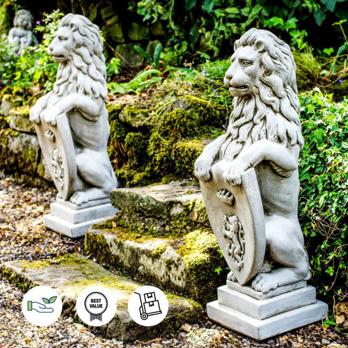 Pair of Large Garden Gateway Lion Statues with shields