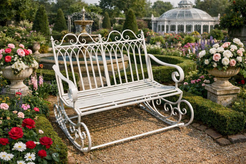 Antique Cream Metal Rocking Bench – Decorative Garden Furniture 