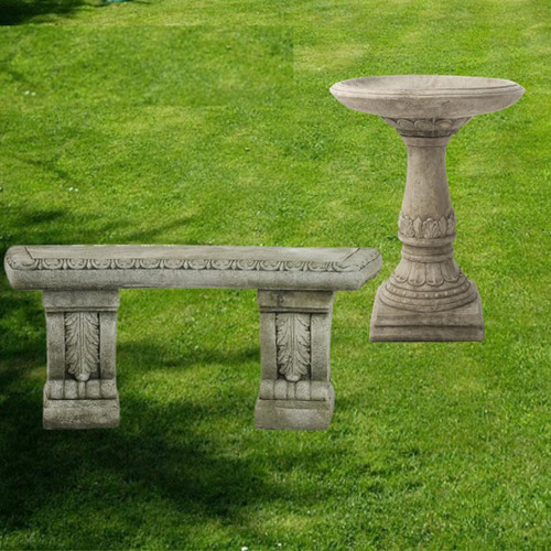 Stone Cast Garden Bench and LaLa Design Bird Bath Stone Cast Garden Bench and LaLa Design Bird Bath