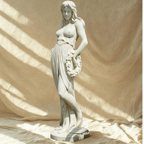 Extra Large White Stone-Cast Lady With Flower Wreath Garden Statue 
