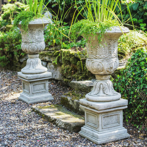 Pair of Large Victorian Stone Cast Urns with Plinths Pair of Large Victorian Stone Cast Urns with Plinths