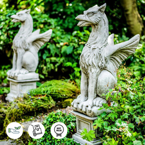 Large Pair Of Winged Stone Griffin Ornaments Gargoyle Gryphon Style with Plinths Large Pair Of Winged Stone Griffin Ornaments Gargoyle Gryphon Style with Plinths