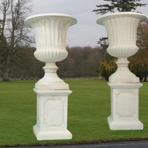 Pair of Giant Flute White Stone Garden Vases on Plinths Pair of Giant Flute White Stone Garden Vases on Plinths