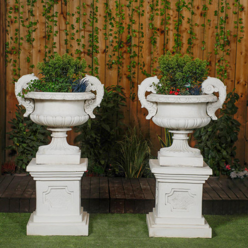 Pair of Large Edwardian Stone Vase on Plinths Pair of Large Edwardian Stone Vase on Plinths