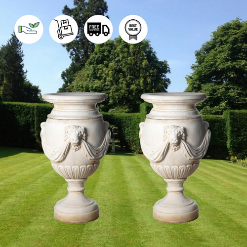 Pair of Extremely Large Draped Lion Head Garden Urns