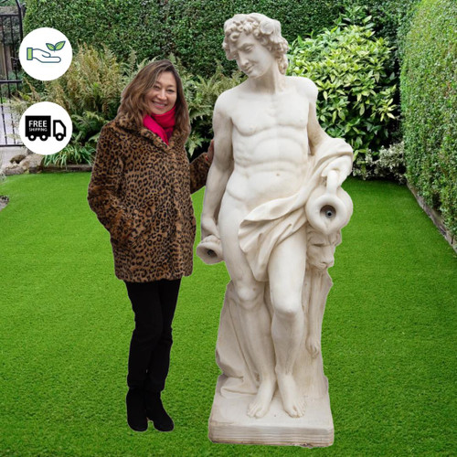 White Stone Large Greek Man with Lion Garden Statue