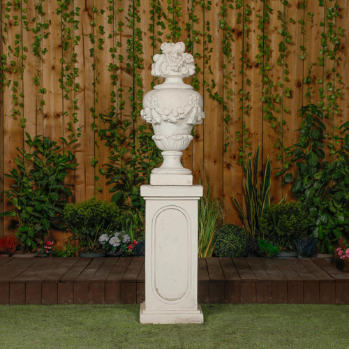 Very Large White Stone Cast Fruit Design Finial And Plinth Set Very Large White Stone Cast Fruit Design Finial And Plinth Set